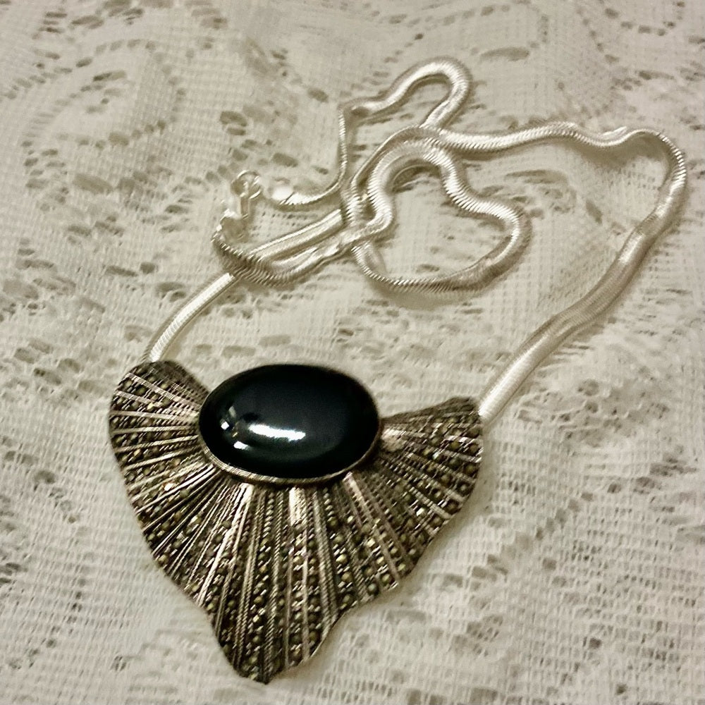 Art Deco- Antique Sterling with Marcasites Shell Shaped Brooch Pendant Necklace