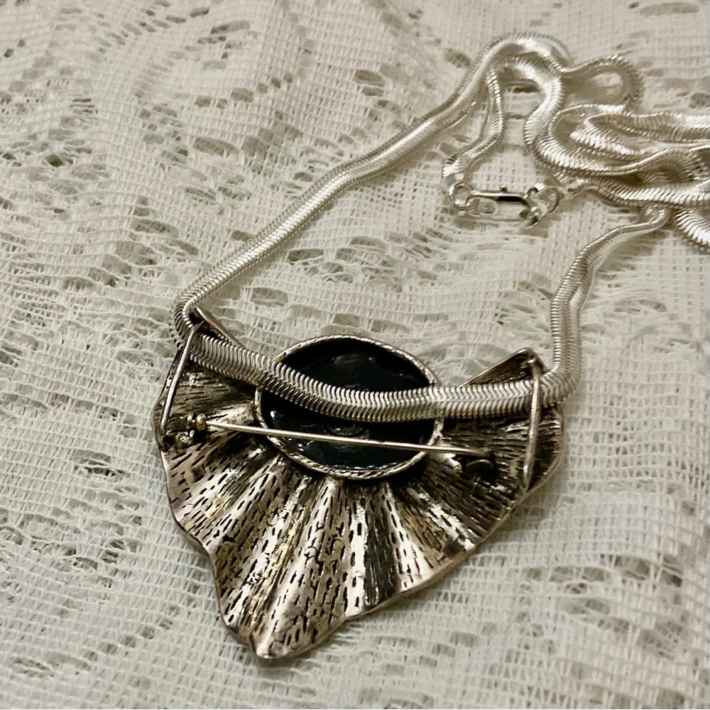 Art Deco- Antique Sterling with Marcasites Shell Shaped Brooch Pendant Necklace