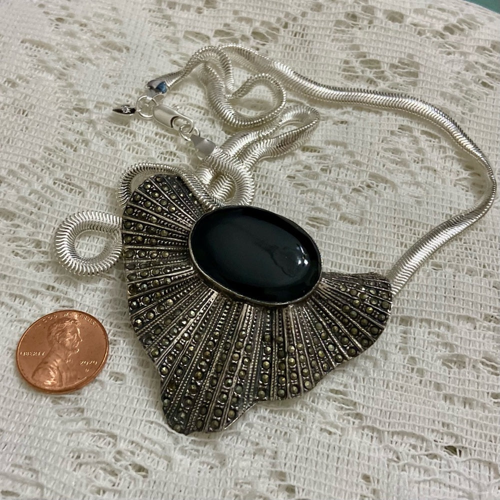 Art Deco- Antique Sterling with Marcasites Shell Shaped Brooch Pendant Necklace