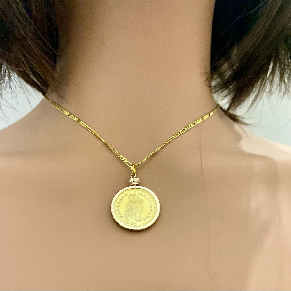 1804 Gold Plated Coin Pendant with  18-inch Gold Plated Figaro Chain Nec…
