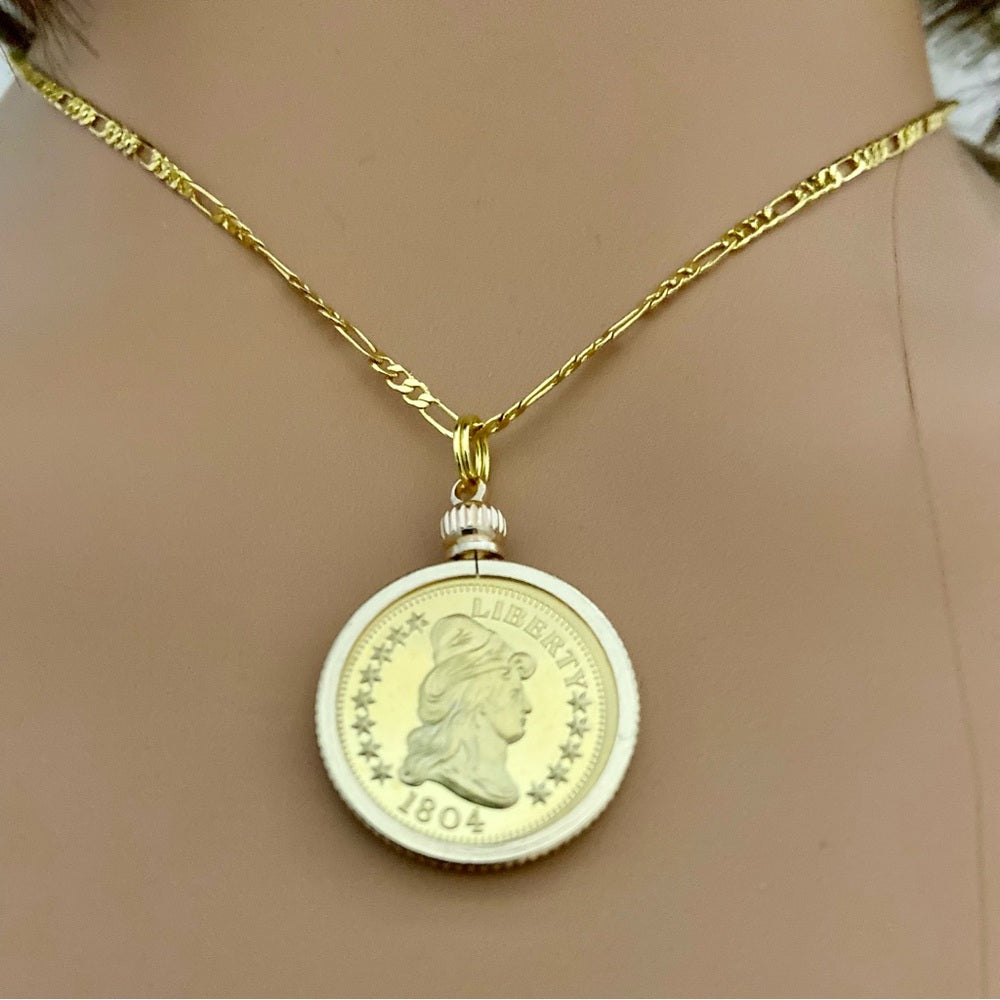 1804 Gold Plated Coin Pendant with  18-inch Gold Plated Figaro Chain Nec…