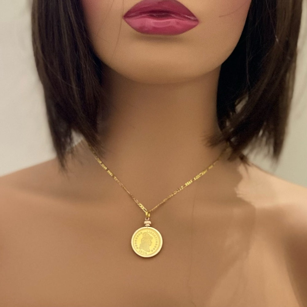 1804 Gold Plated Coin Pendant with  18-inch Gold Plated Figaro Chain Nec…