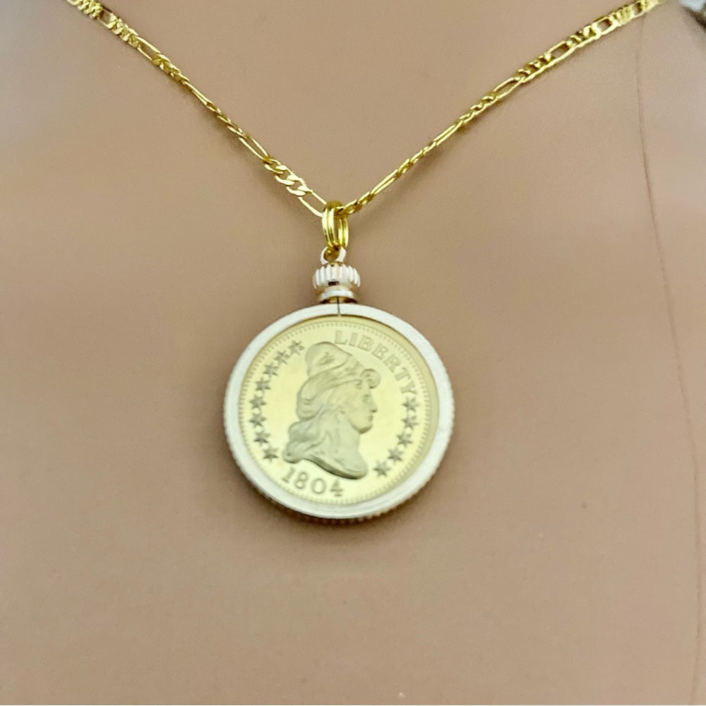 1804 Gold Plated Coin Pendant with  18-inch Gold Plated Figaro Chain Nec…
