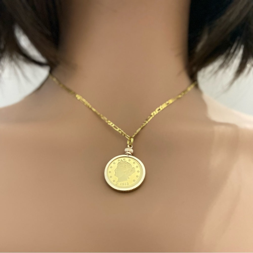 1913 Gold Plated Coin Pendant with  18-inch Gold Plated Figaro Chain Nec…