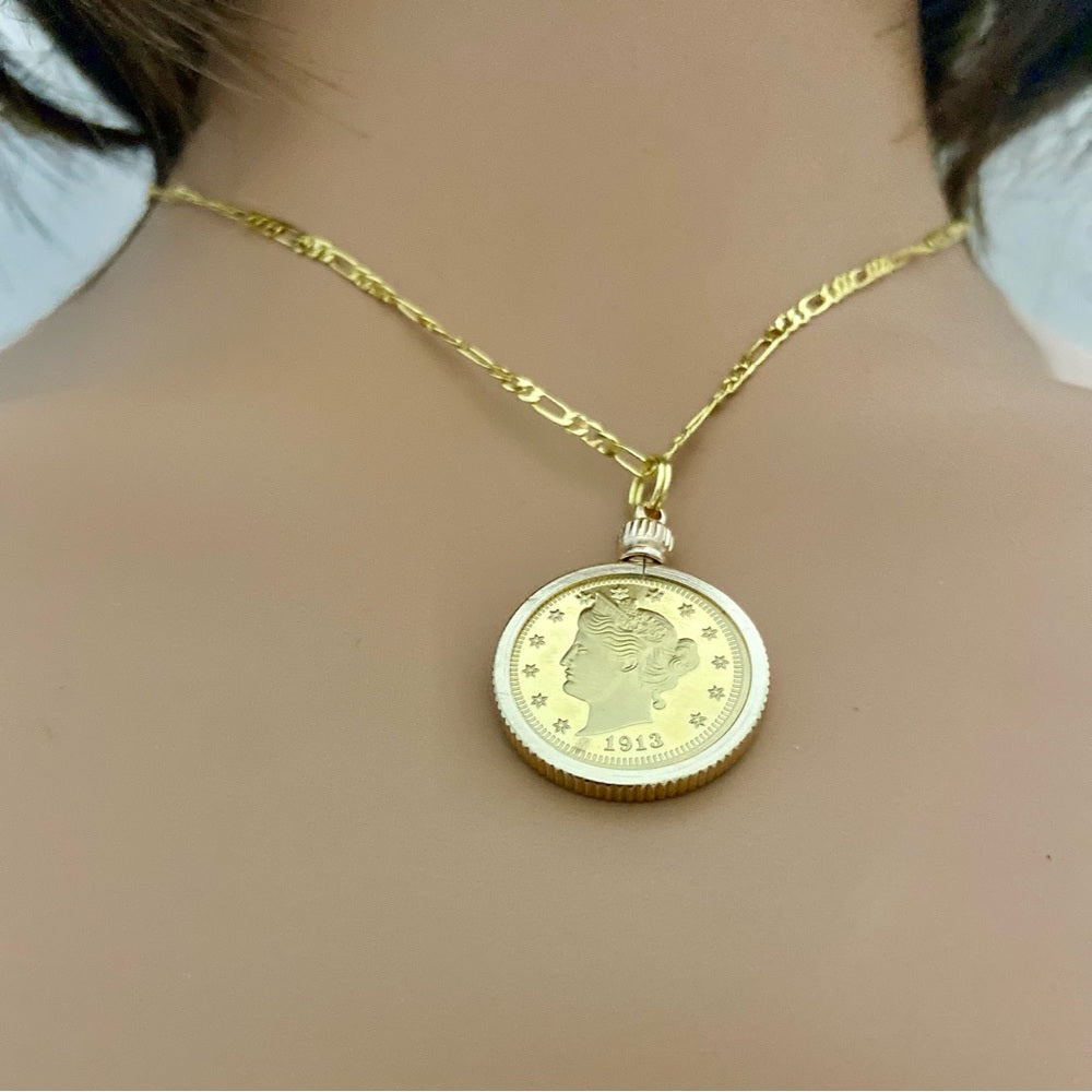 1913 Gold Plated Coin Pendant with  18-inch Gold Plated Figaro Chain Nec…