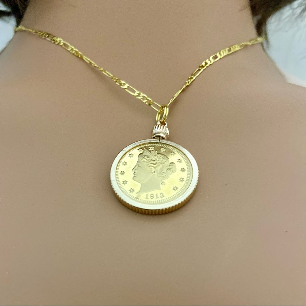 1913 Gold Plated Coin Pendant with  18-inch Gold Plated Figaro Chain Nec…