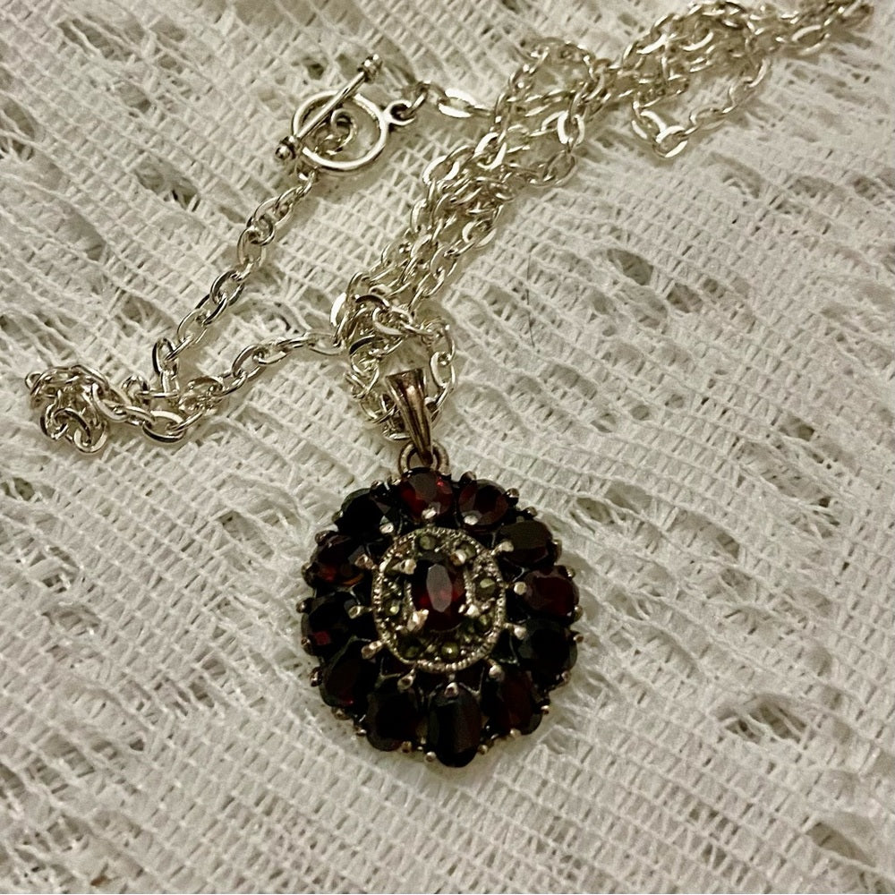 Antique, Cluster of Garnet-Princess Pendant-Sterling Necklace