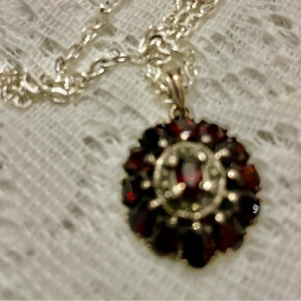 Antique, Cluster of Garnet-Princess Pendant-Sterling Necklace