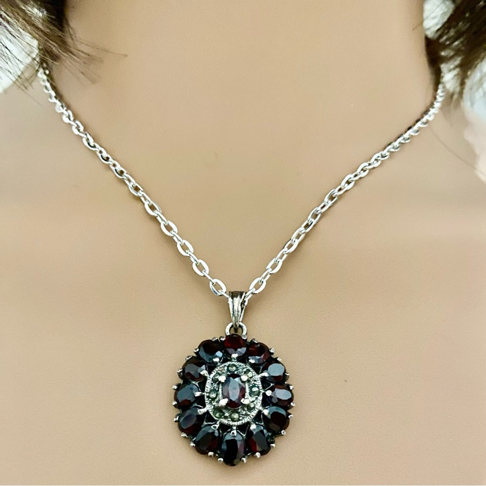 Antique, Cluster of Garnet-Princess Pendant-Sterling Necklace