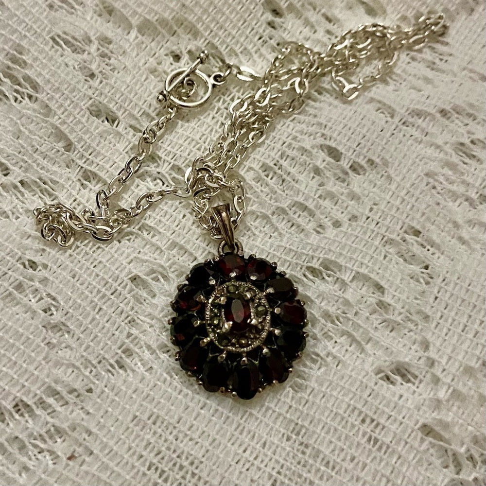 Antique, Cluster of Garnet-Princess Pendant-Sterling Necklace