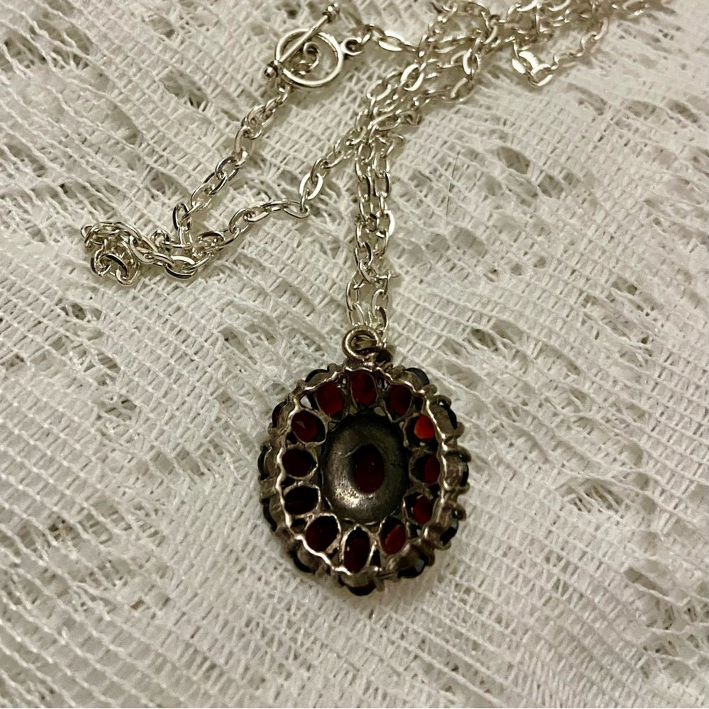 Antique, Cluster of Garnet-Princess Pendant-Sterling Necklace