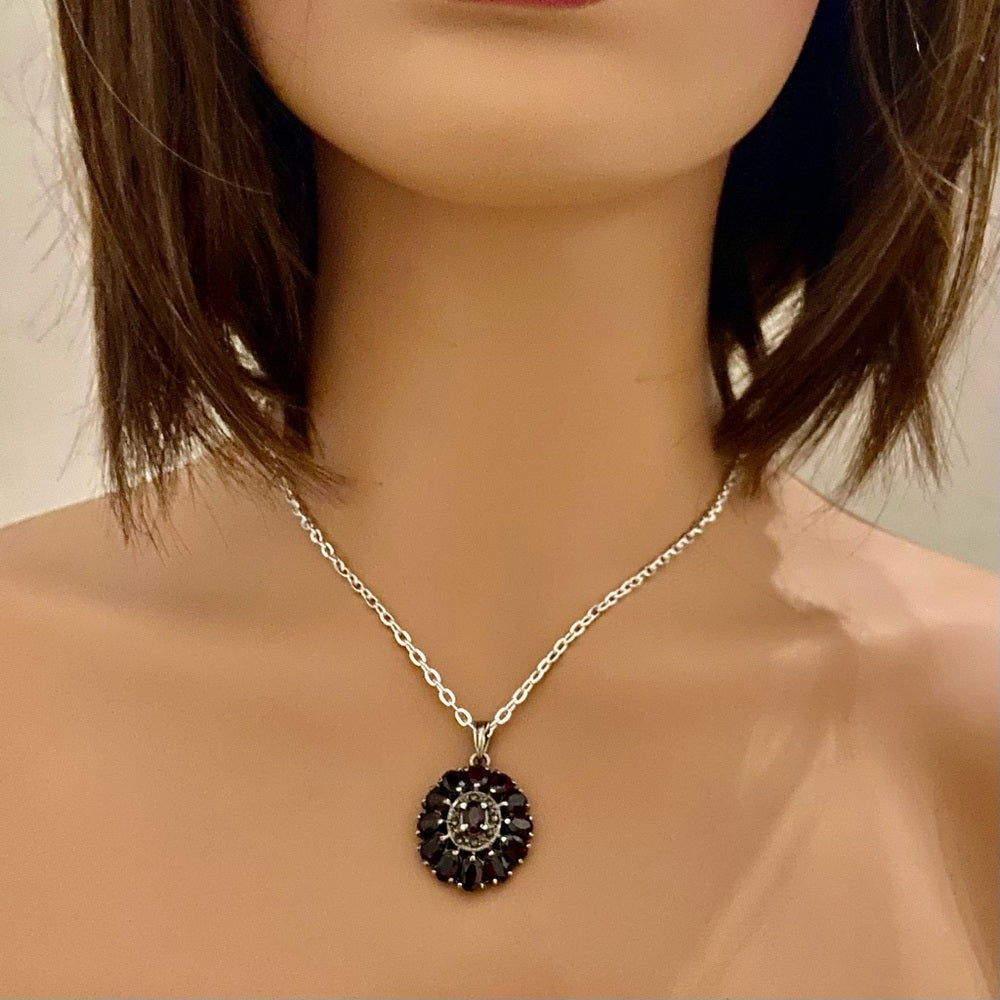 Antique, Cluster of Garnet-Princess Pendant-Sterling Necklace