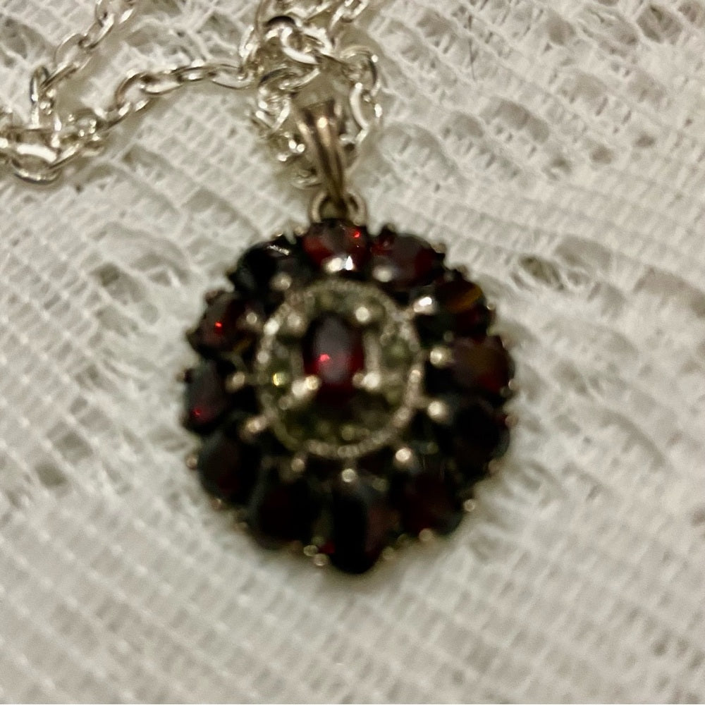 Antique, Cluster of Garnet-Princess Pendant-Sterling Necklace