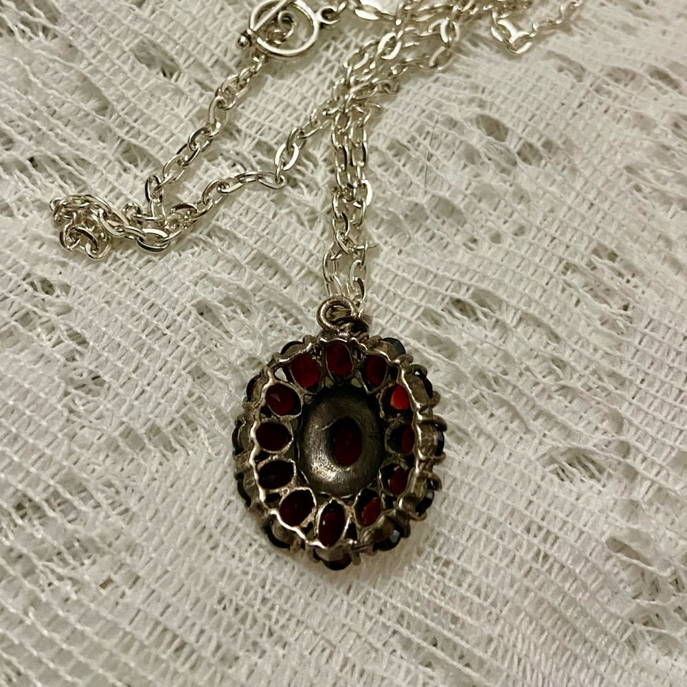 Antique, Cluster of Garnet-Princess Pendant-Sterling Necklace