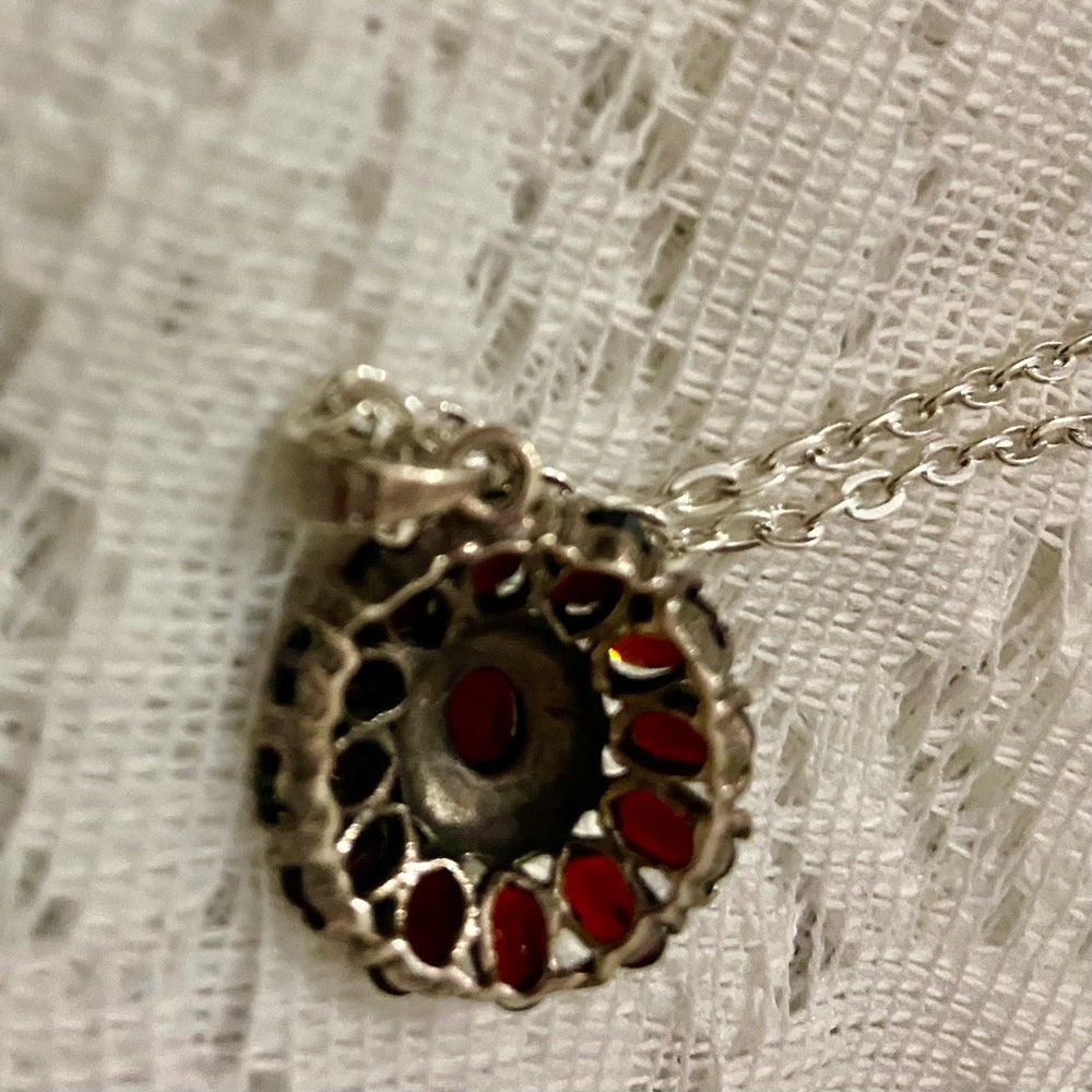 Antique, Cluster of Garnet-Princess Pendant-Sterling Necklace