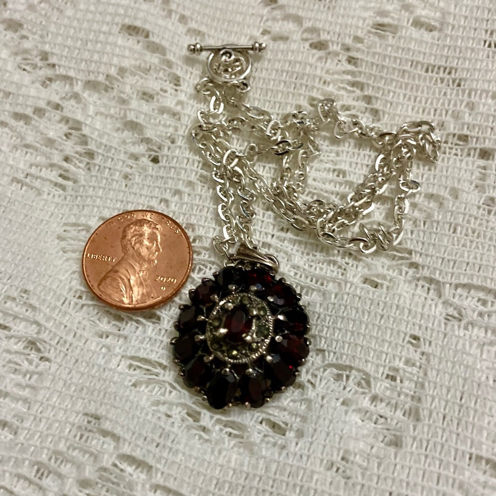 Antique, Cluster of Garnet-Princess Pendant-Sterling Necklace