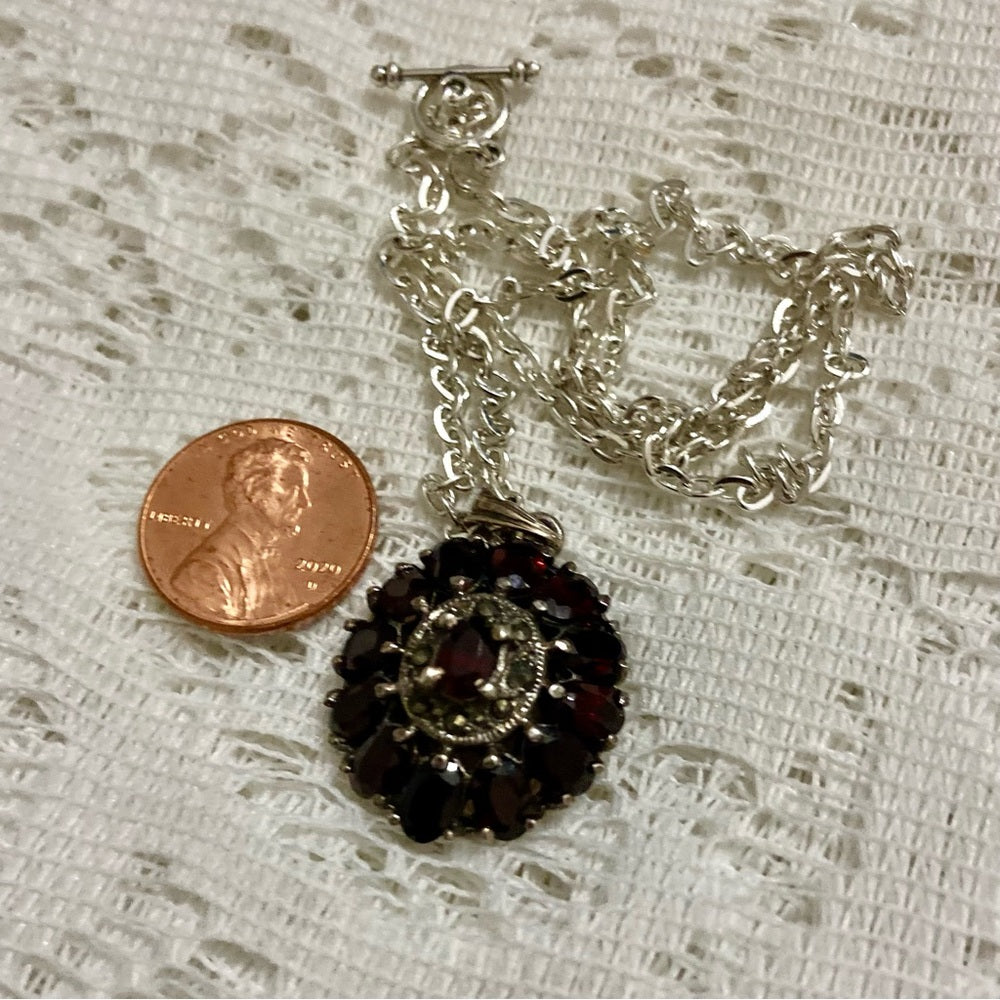 Antique, Cluster of Garnet-Princess Pendant-Sterling Necklace