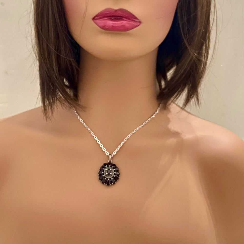 Antique, Cluster of Garnet-Princess Pendant-Sterling Necklace