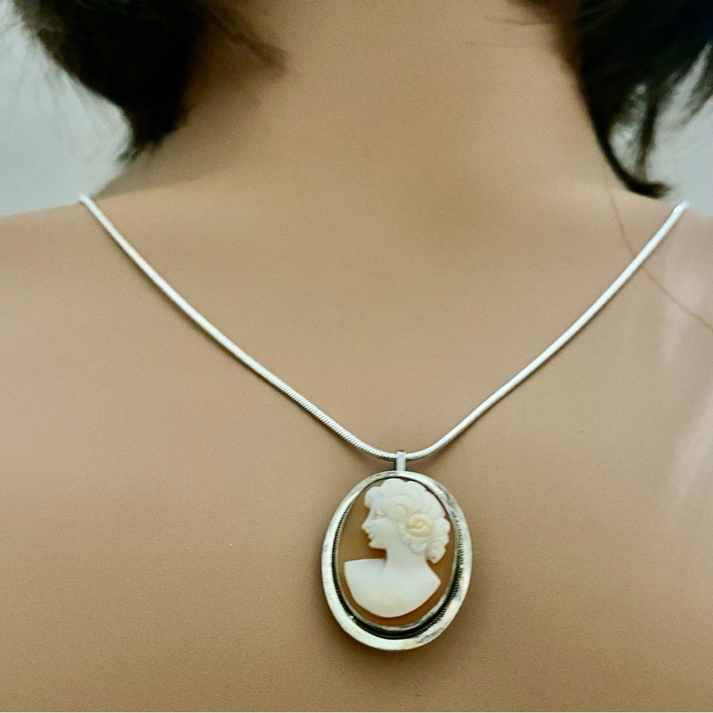Antique Genuine Shell Cameo - Sterling Brooch Pendant w/ 24-inch Snake Chain