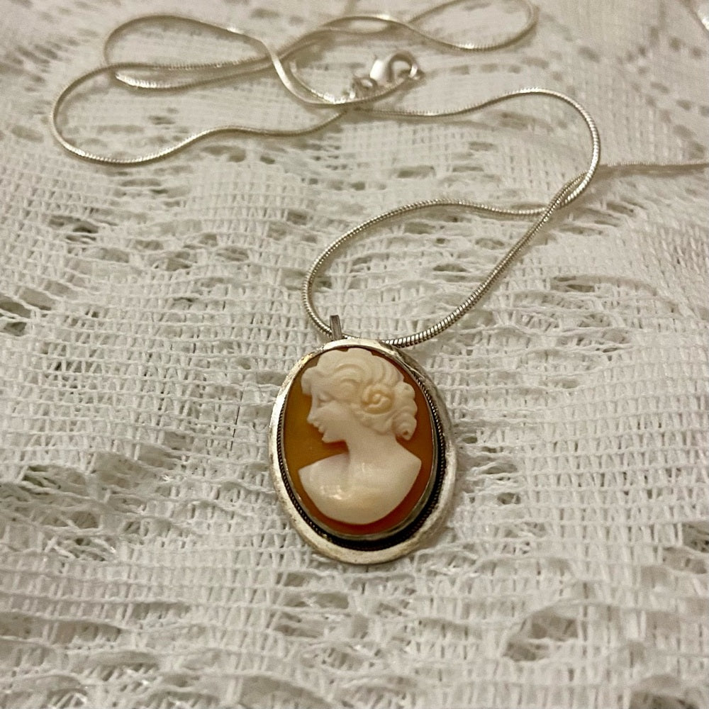 Antique Genuine Shell Cameo - Sterling Brooch Pendant w/ 24-inch Snake Chain