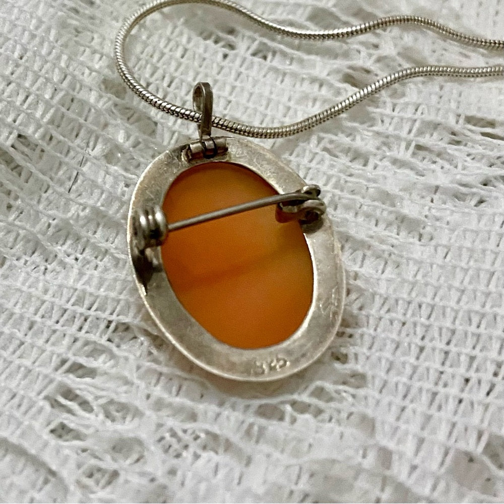 Antique Genuine Shell Cameo - Sterling Brooch Pendant w/ 24-inch Snake Chain