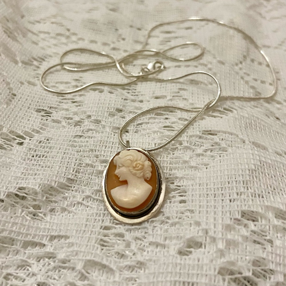 Antique Genuine Shell Cameo - Sterling Brooch Pendant w/ 24-inch Snake Chain