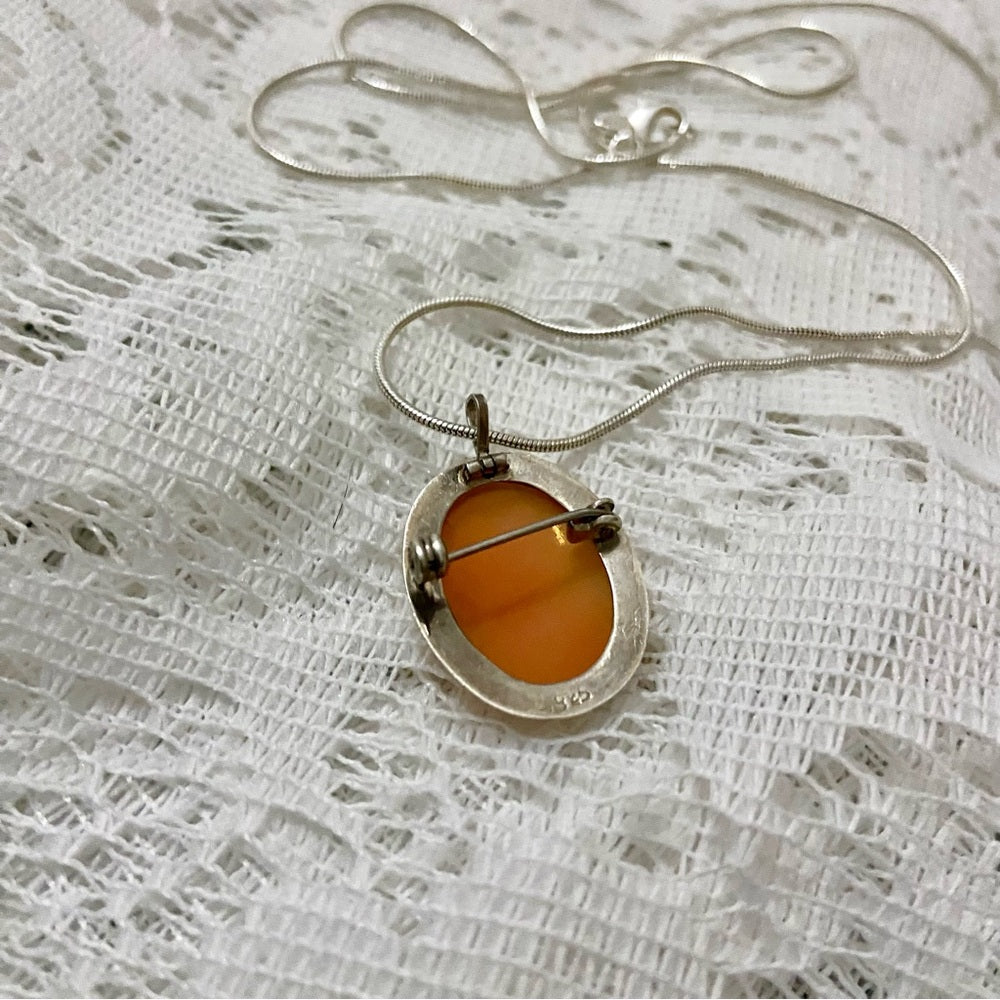 Antique Genuine Shell Cameo - Sterling Brooch Pendant w/ 24-inch Snake Chain