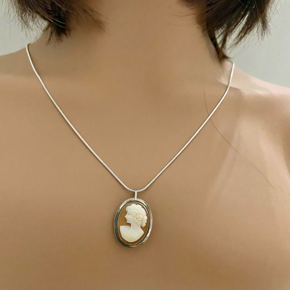 Antique Genuine Shell Cameo - Sterling Brooch Pendant w/ 24-inch Snake Chain