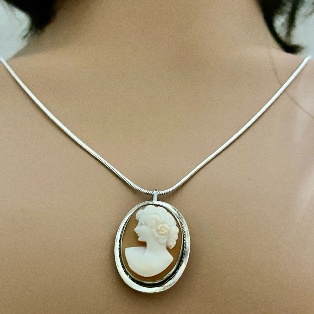 Antique Genuine Shell Cameo - Sterling Brooch Pendant w/ 24-inch Snake Chain