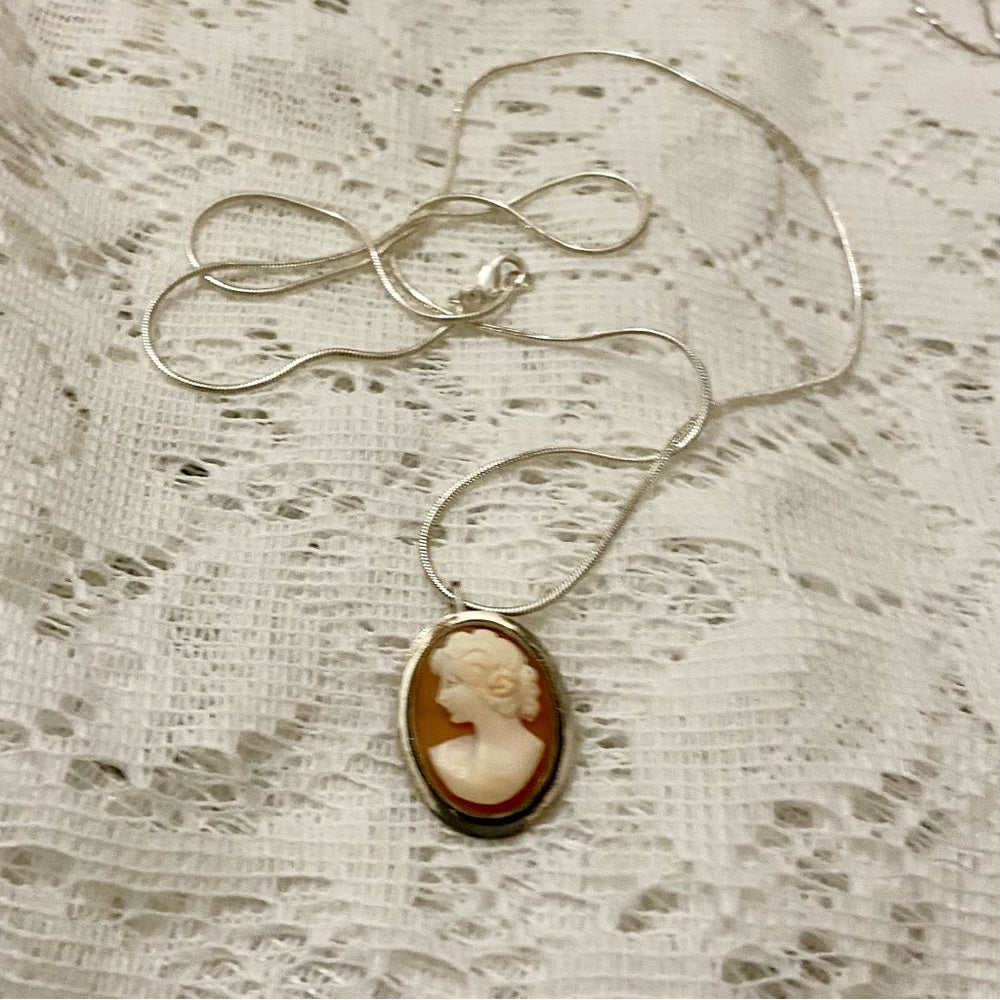 Antique Genuine Shell Cameo - Sterling Brooch Pendant w/ 24-inch Snake Chain
