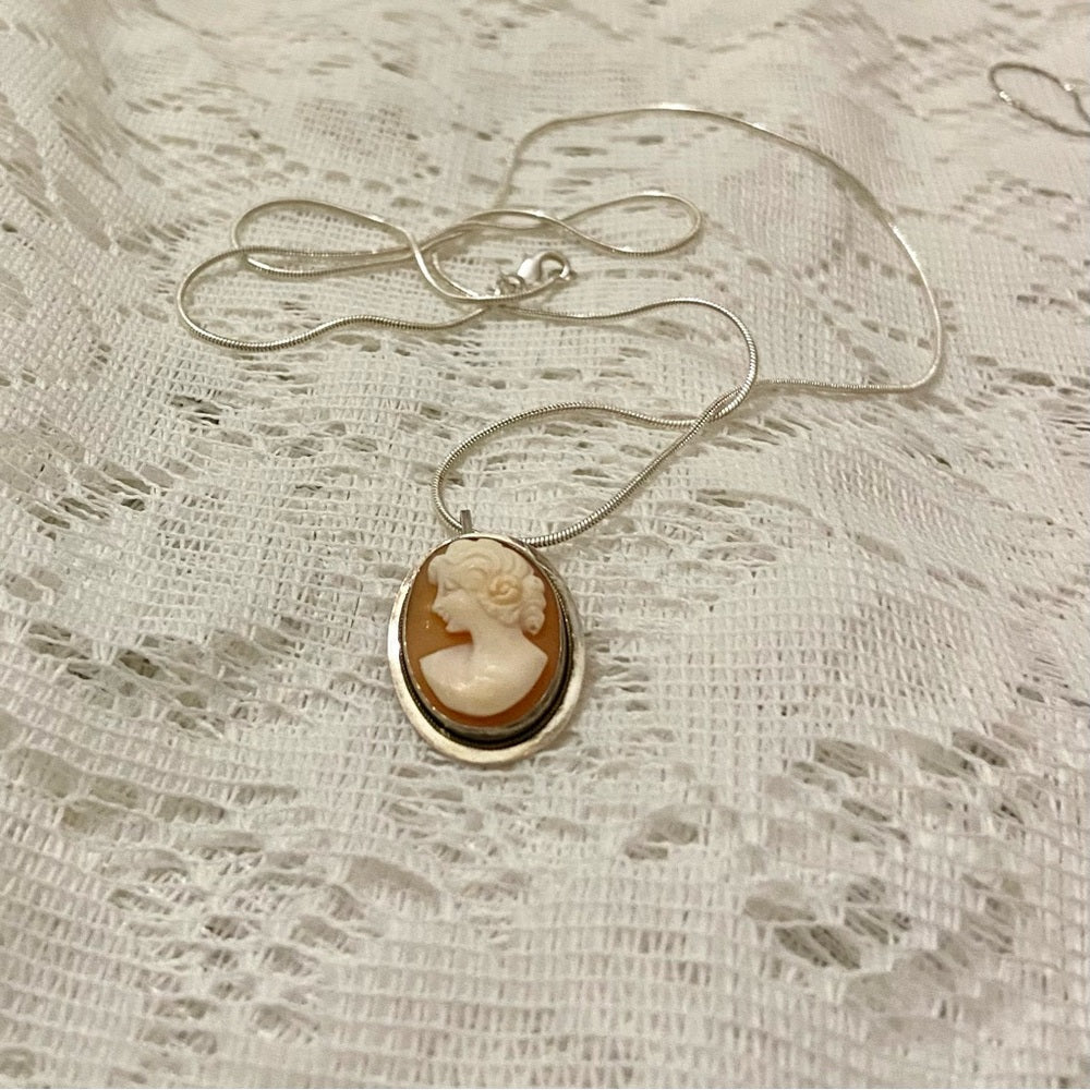 Antique Genuine Shell Cameo - Sterling Brooch Pendant w/ 24-inch Snake Chain