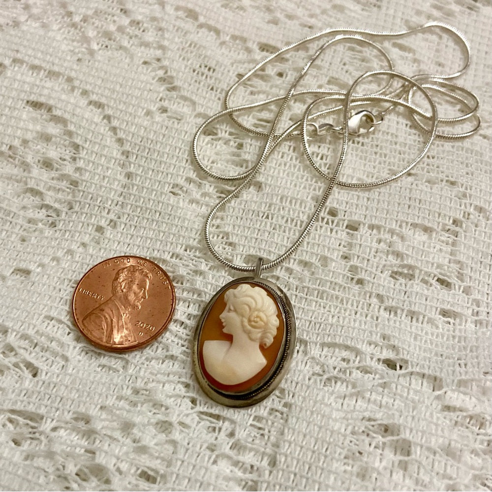 Antique Genuine Shell Cameo - Sterling Brooch Pendant w/ 24-inch Snake Chain