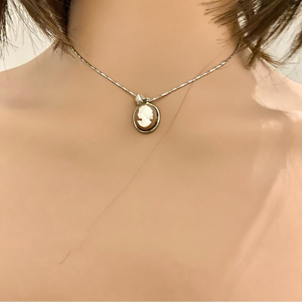 Antique Genuine Shell Cameo - Sterling Pendant w/ 16in Sterling Chain