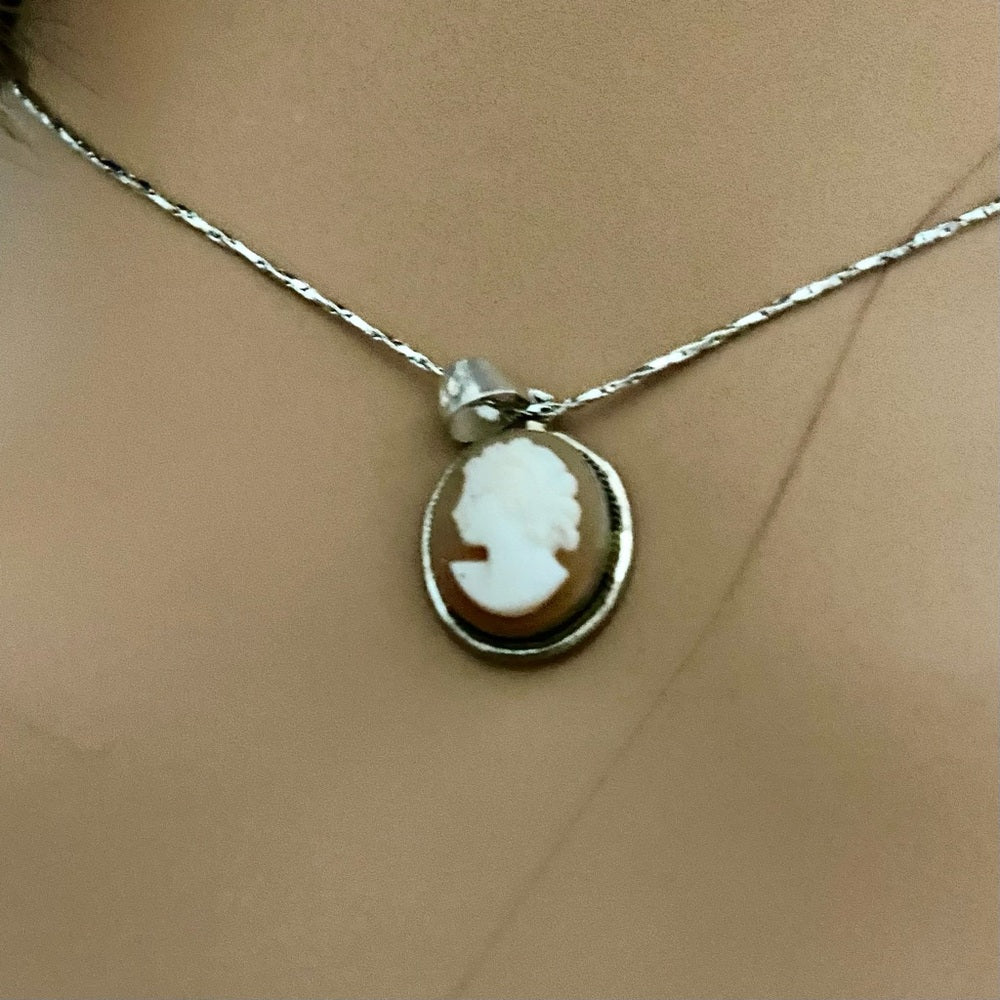 Antique Genuine Shell Cameo - Sterling Pendant w/ 16in Sterling Chain