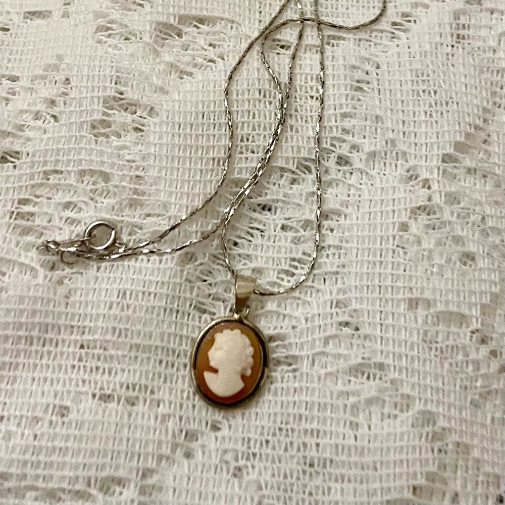 Antique Genuine Shell Cameo - Sterling Pendant w/ 16in Sterling Chain