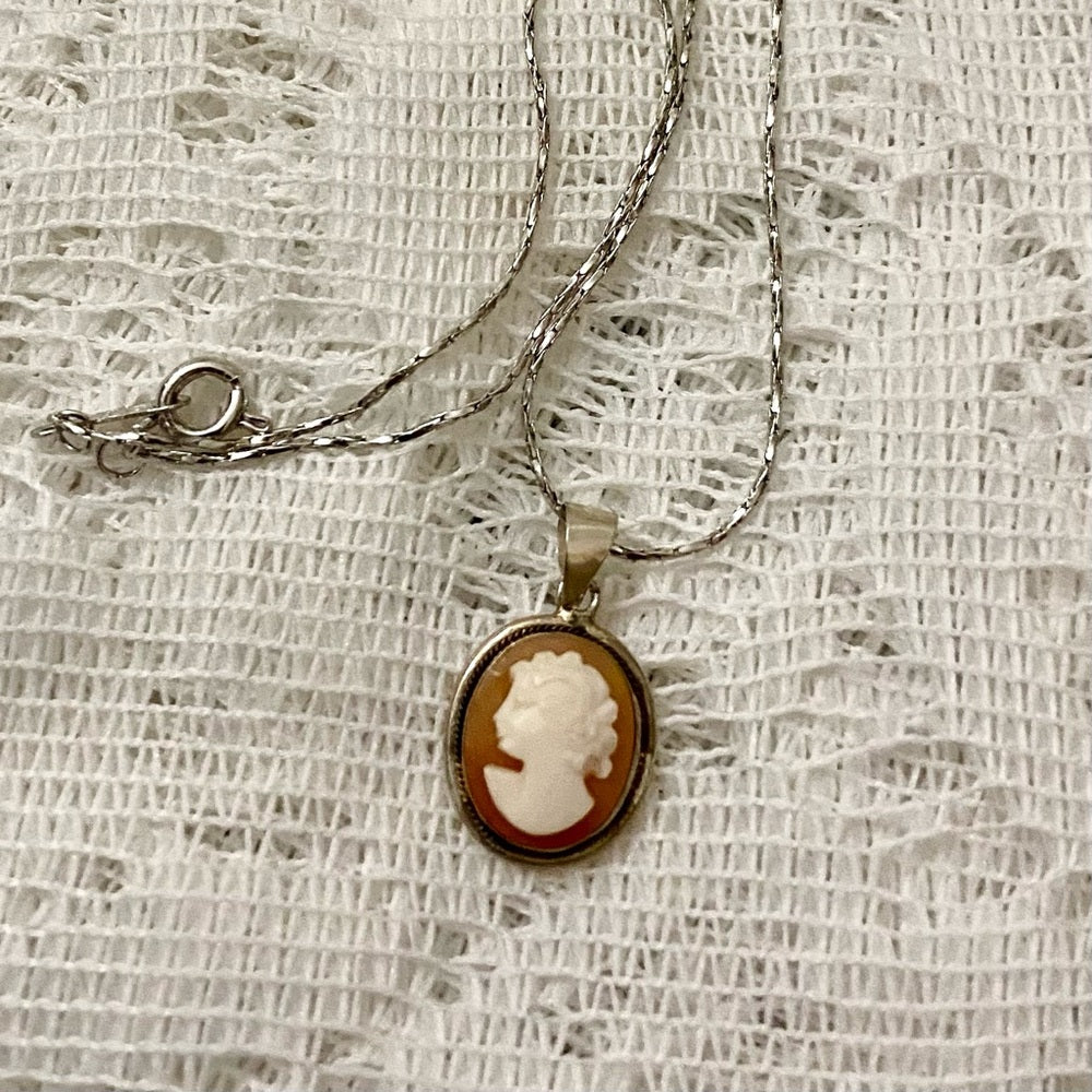 Antique Genuine Shell Cameo - Sterling Pendant w/ 16in Sterling Chain