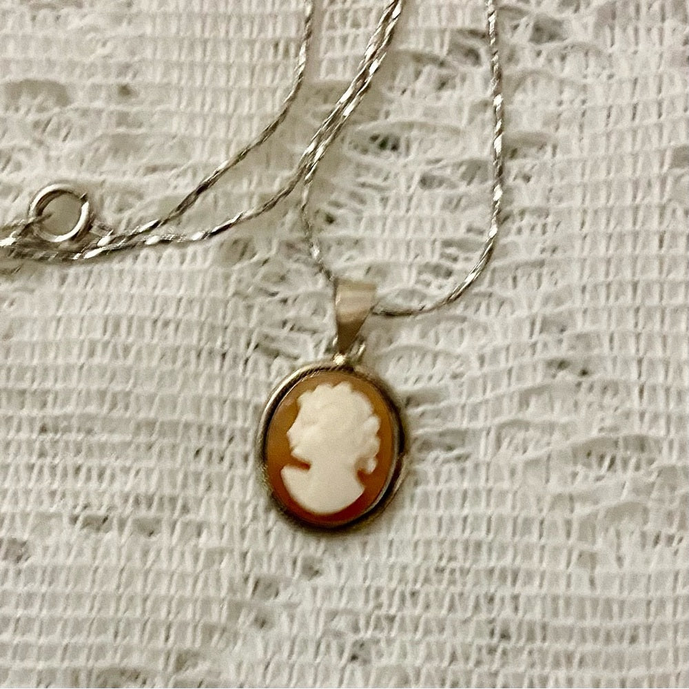 Antique Genuine Shell Cameo - Sterling Pendant w/ 16in Sterling Chain