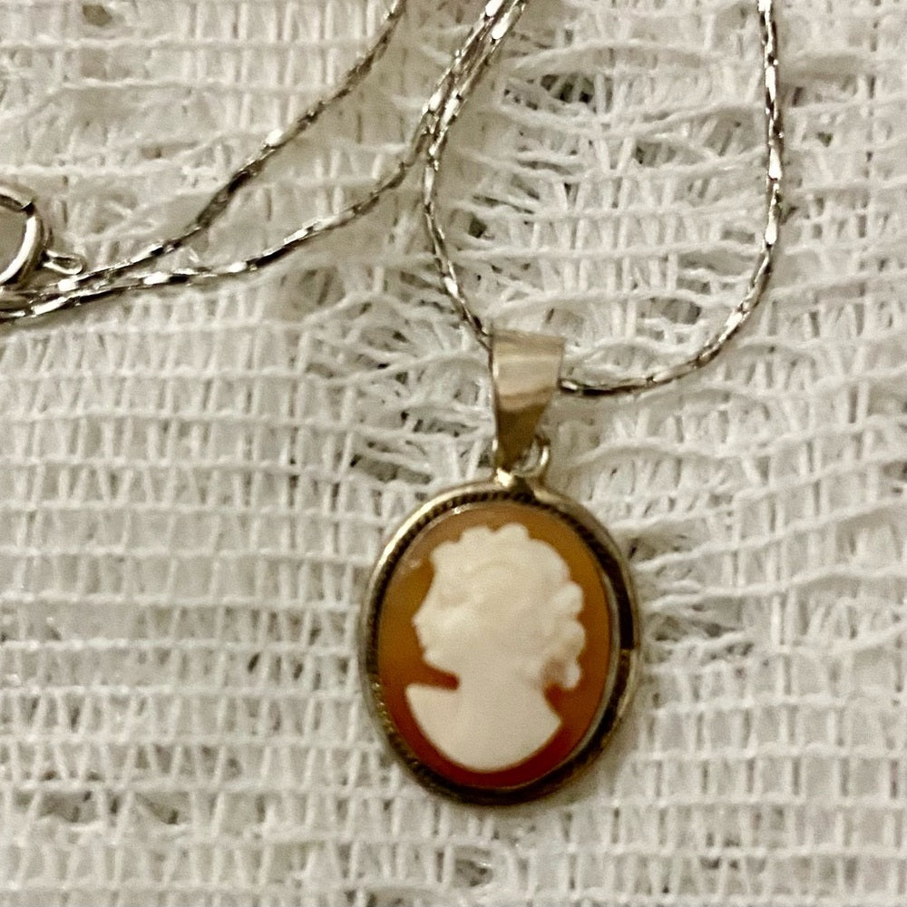 Antique Genuine Shell Cameo - Sterling Pendant w/ 16in Sterling Chain
