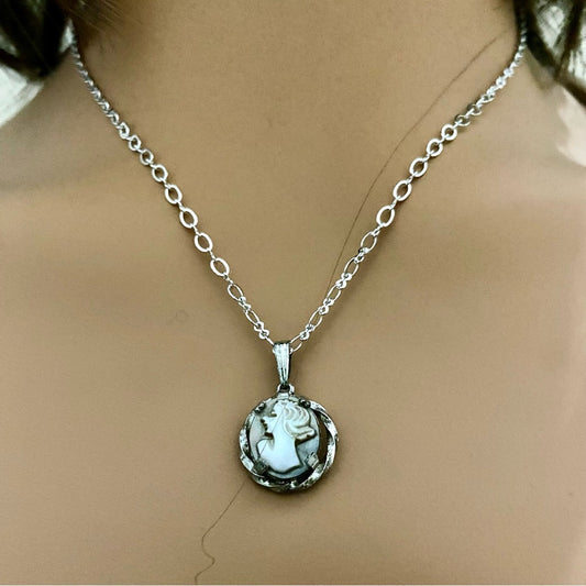 Antique Genuine Mother of Pearl Cameo - Sterling Pendant w/ 16in Sterling Chain