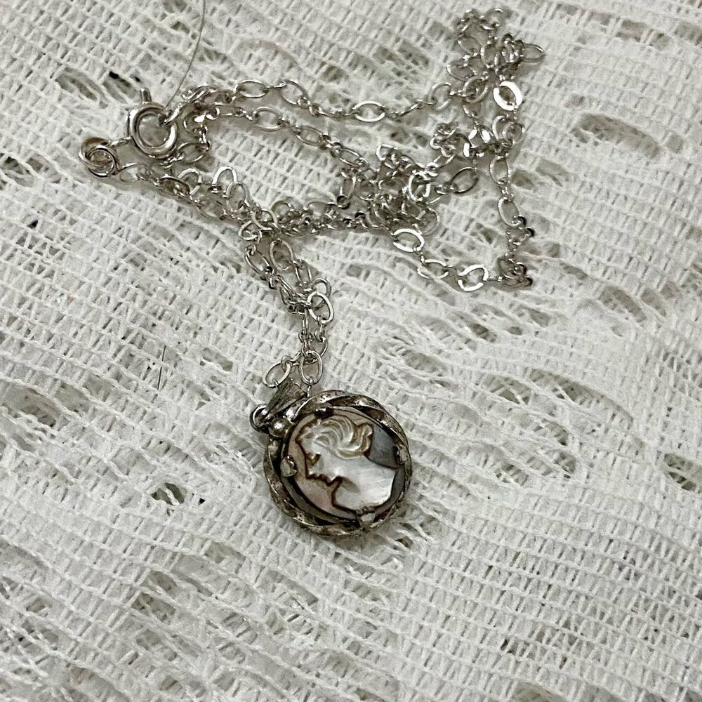 Antique Genuine Mother of Pearl Cameo - Sterling Pendant w/ 16in Sterling Chain