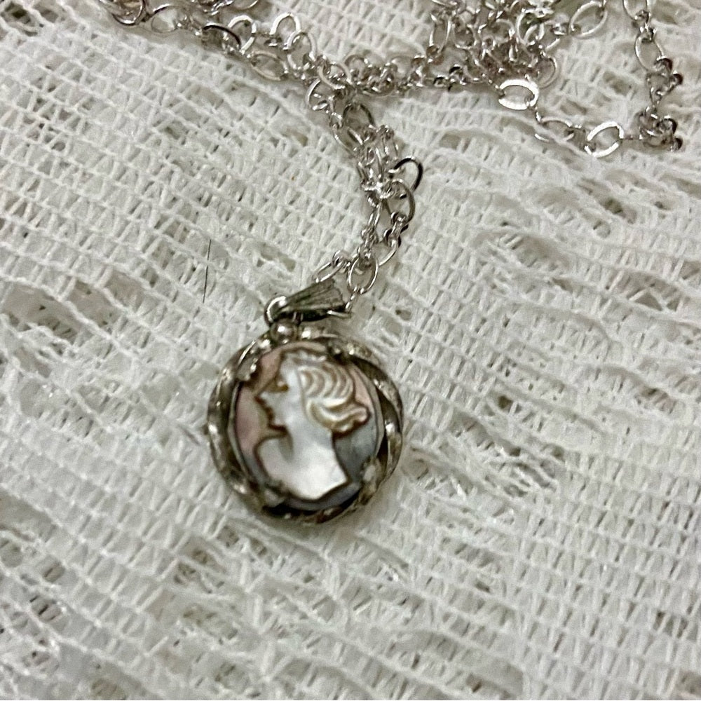 Antique Genuine Mother of Pearl Cameo - Sterling Pendant w/ 16in Sterling Chain