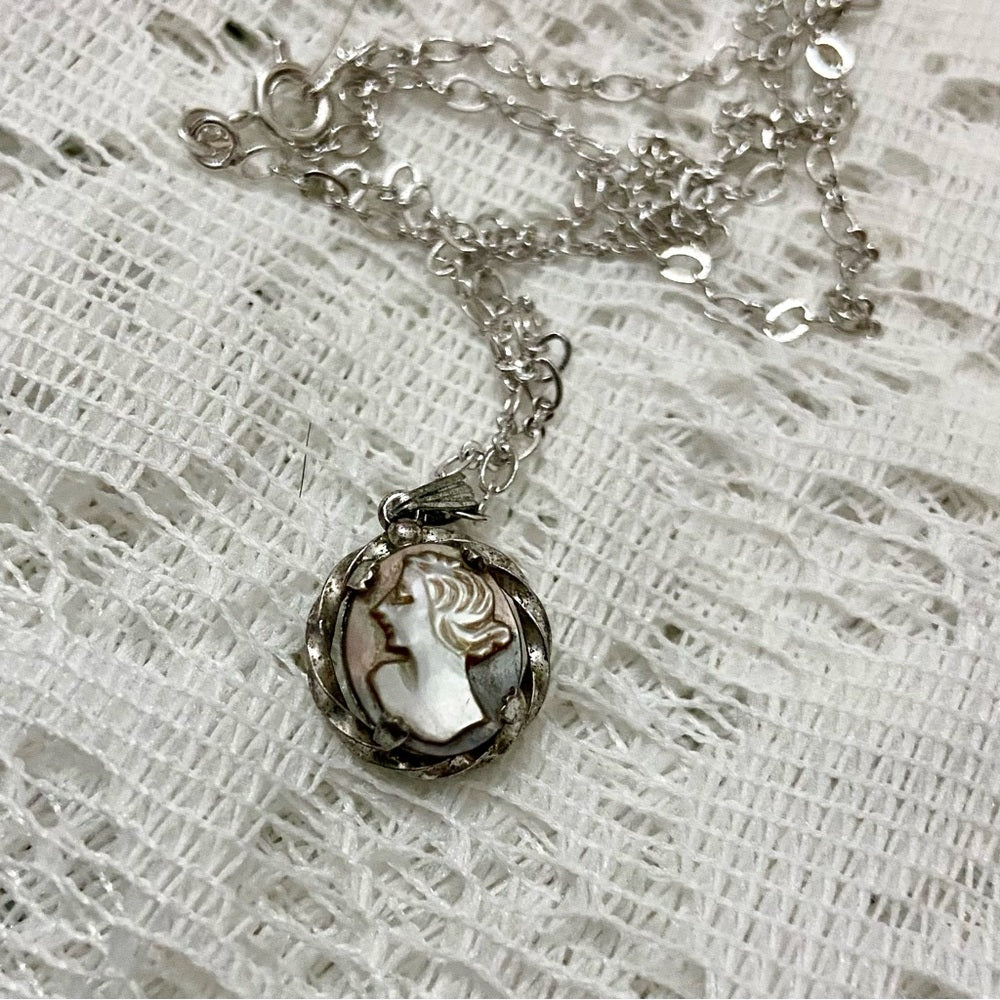Antique Genuine Mother of Pearl Cameo - Sterling Pendant w/ 16in Sterling Chain