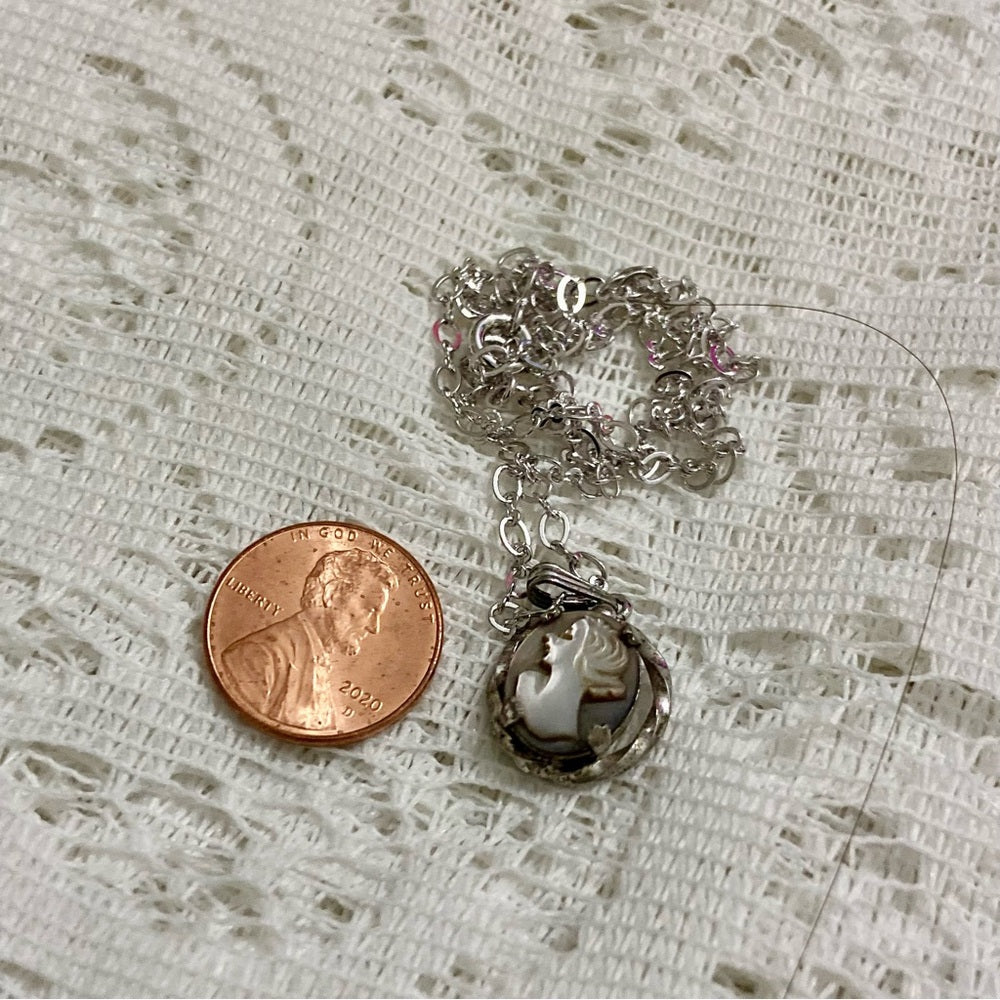 Antique Genuine Mother of Pearl Cameo - Sterling Pendant w/ 16in Sterling Chain