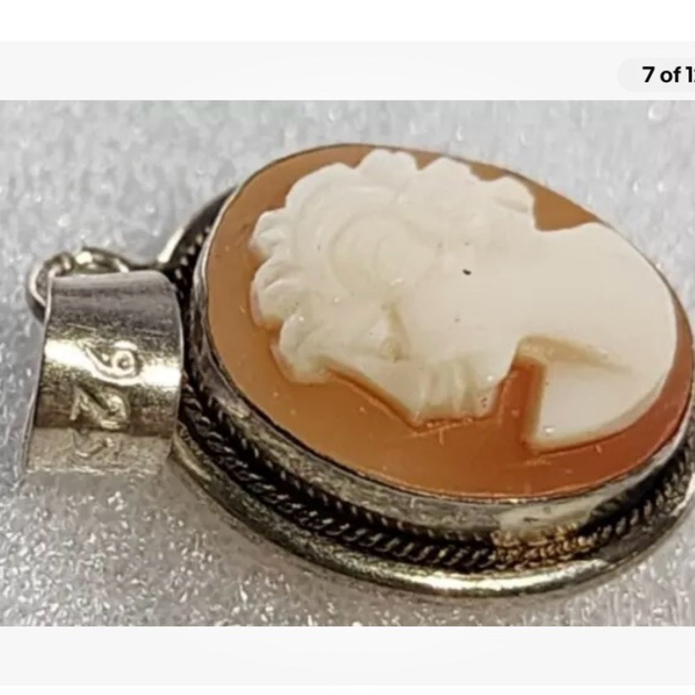 Antique Genuine Shell Cameo - Sterling Pendant w/ 16in Sterling Chain