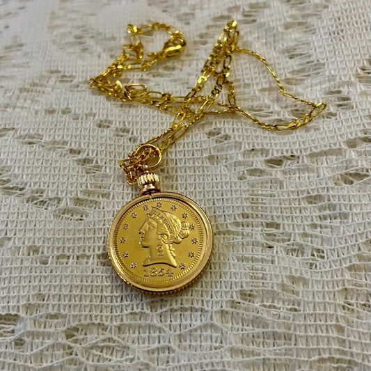 1854 Liberty Gold Plated Coin Pendant with  18-in Gold Plated Figaro Chain Nec…