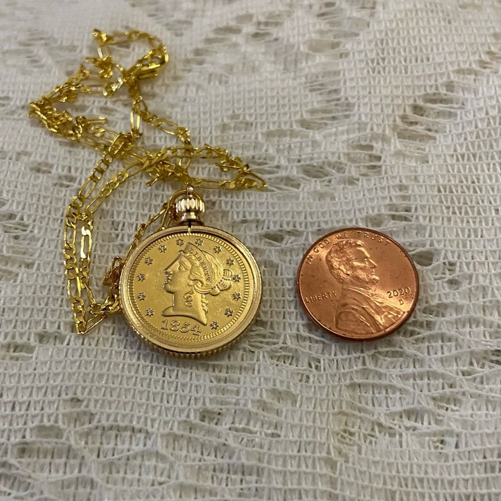 1854 Liberty Gold Plated Coin Pendant with  18-in Gold Plated Figaro Chain Nec…