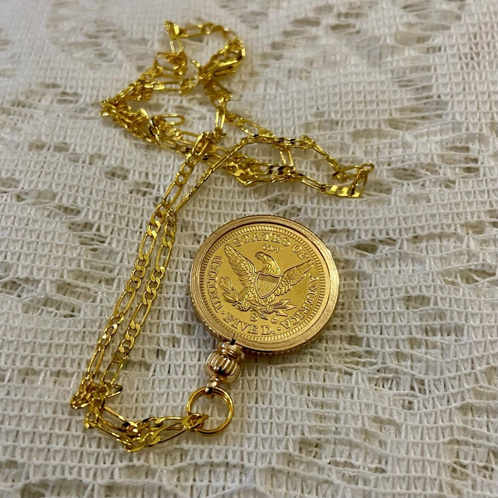 1854 Liberty Gold Plated Coin Pendant with  18-in Gold Plated Figaro Chain Nec…