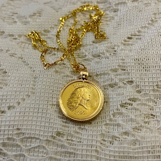 1793 Liberty/ One Cent Gold Plated Coin Pendant w\ 18in Gold Plated Chain