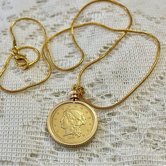 1877 Liberty Fifty Dollars Gold Plated Coin Pendant w/ 18in Gold P…