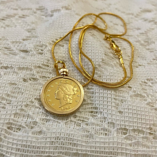 1849 Liberty/ Twenty Dollars Gold Plated Coin Pendant w/ 18in Gold P…
